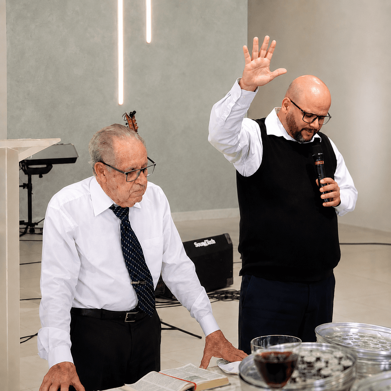 Pastor conduzindo momento de oração durante o culto na Igreja Batista Monte Sinai